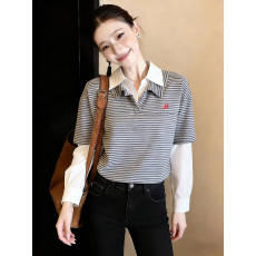 批发已量产+有货 2026春夏季条纹拼接刺绣衬衫长袖轻<b class='q'>通勤</b>上衣日常衬衣