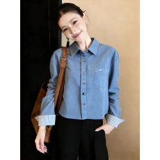 批发已量产+有货 2026<b class='q'>春秋</b>蓝色复古港风软牛仔衬衫女小个子短款外套女