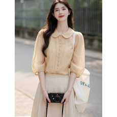 批发法式杏色<b class='q'>娃娃领</b>长袖雪纺衬衫女2026夏季新款轻奢高级感小个子上衣