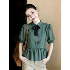 批发实拍有货 2026夏季绿色<b class='q'>蝴蝶结</b>泡泡袖<b class='q'>衬衫</b>女独特收腰显瘦短袖上衣