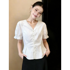 批发实拍有货2026新款法式蕾丝拼接<b class='q'>衬衣</b>泡泡袖<b class='q'>衬衫</b>夏季女<b class='q'>修身</b>显瘦上衣