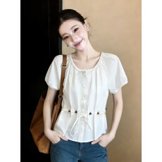 批发<b class='q'>实拍</b>有货2026夏新款彩色串珠腰带<b class='q'>衬衣</b>女夏气质圆领短袖上衣