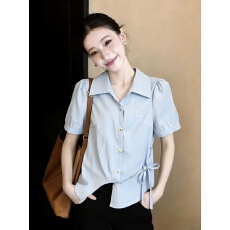 批发<b class='q'>实拍</b>有货2026夏季新款时尚简约风翻领短袖<b class='q'>衬衫</b>女系带显瘦百搭上衣