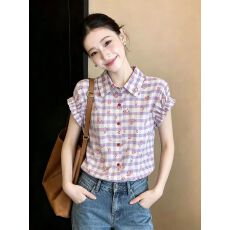 批发有货2026夏季新款港风复古<b class='q'>格子衬衫</b>设计感减龄印花褶皱短袖上衣