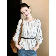 批发实拍有货2026夏季新款雪纺衫短袖上衣洋气白色泡泡袖波点雪纺<b class='q'>衬衫</b>