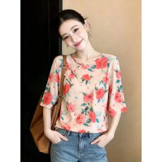 批发实拍有货2026夏季粉色斜襟盘扣印花五分袖<b class='q'>衬衫</b>女新款<b class='q'>T</b><b class='q'>恤</b>宽松<b class='q'>上衣</b>