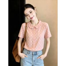 批发有货  2026夏季新款复古粉色波点翻领短袖衬衫宽松遮肉上衣服