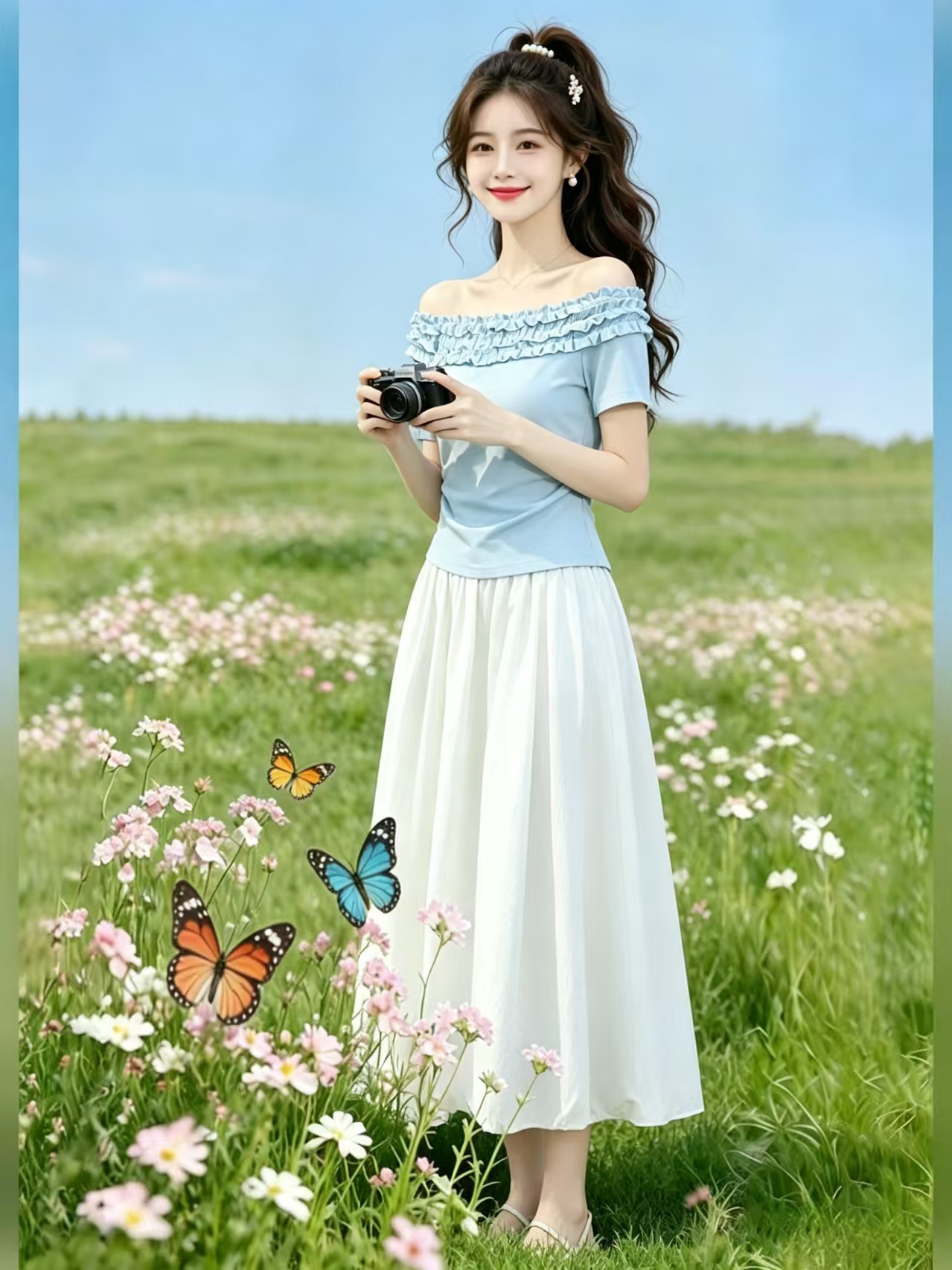카운터 품질 2026 여름 새로운 레이스 오프숄더 반팔 티셔츠 플러스 꽃밭 반신 스커트 몸매 가꾸기 투피스 슈트