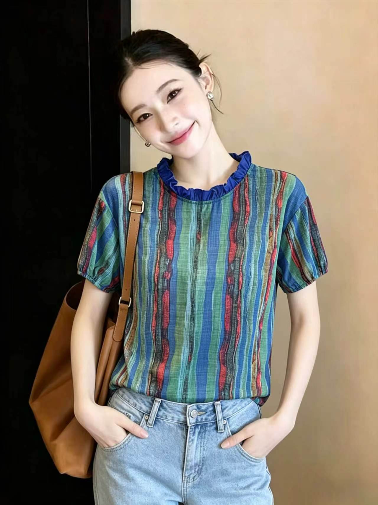 재고 있음 2026 프릴 반팔 작은 셔츠 여성 여름 레트로 이후 진자 트임 슬림해 보이는 라운드 넥 배색 맨위
