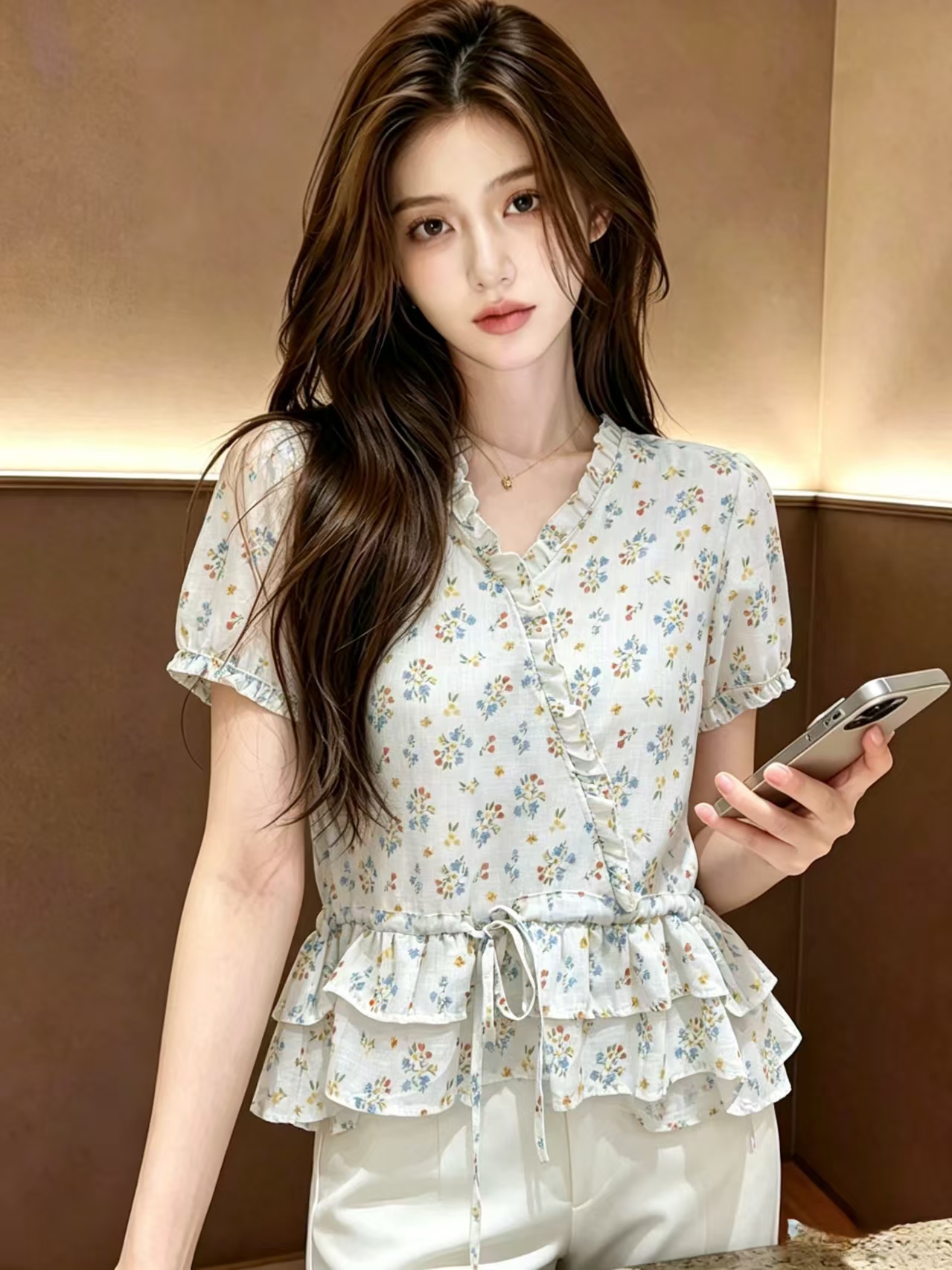 카운터 품질 꽃무늬 프릴 라미 여성 셔츠 2026 여름 새로운 디자인 센스 반팔 작은 셔츠 맨위