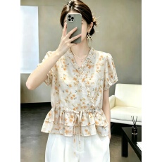 批发专柜品质 温柔韩系风重工印花木耳边<b class='q'>短袖</b><b class='q'>衬衫</b>女2026韩系上衣