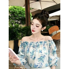 批发专柜品质 碎花天丝一字领小衫女2026夏装宽松显瘦雪纺泡泡袖<b class='q'>衬衣</b>