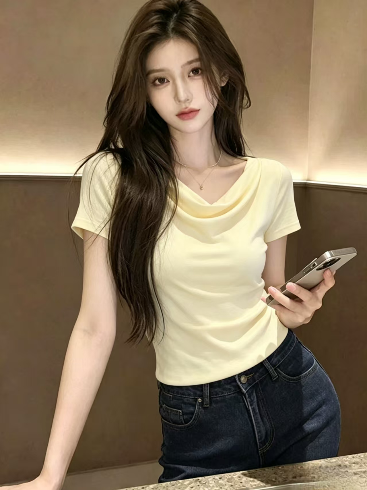 카운터 품질 뽕나무 누에 실크 흔들다 칼라 긍정적 인 어깨 반팔 티셔츠 여성 여름 캐주얼 다용도 허리 수축 슬림해 보이는 몸매 가꾸기 맨위