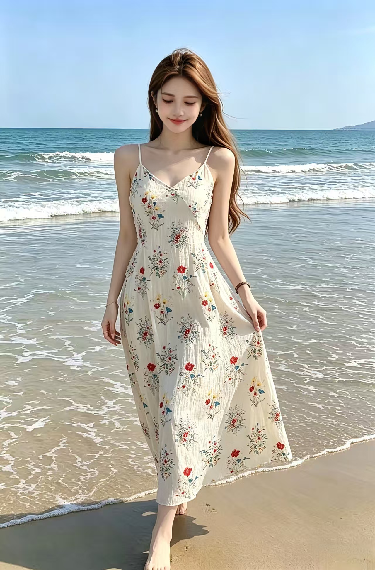 2026 프랑스식 루즈핏 꽃무늬 드레스 여름 새로운 휴가 바람 작은 대중 품격 조끼 중간 길이 스커트