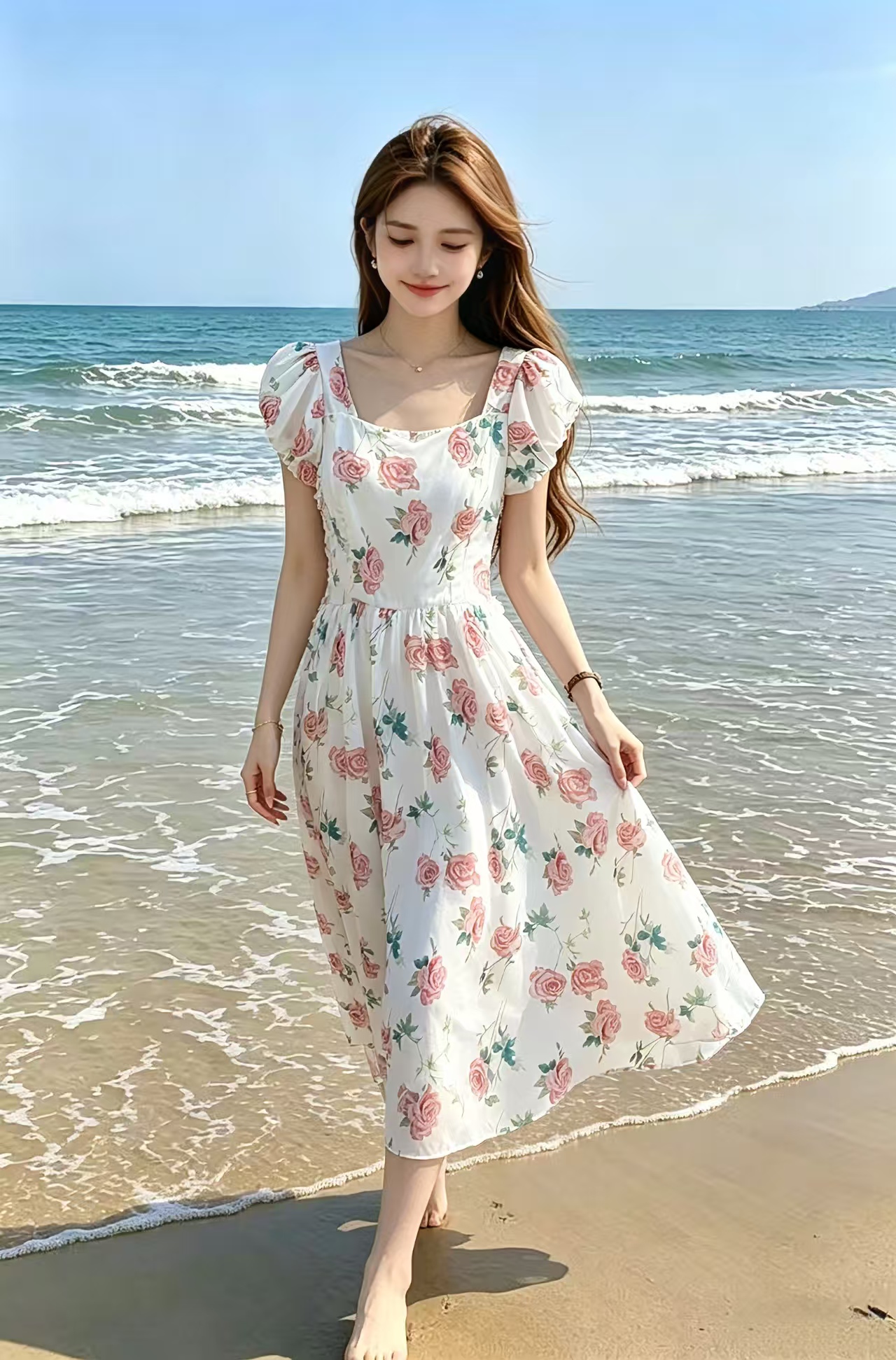 2026 여름 프랑스식 거품 소매 꽃무늬 여성 드레스 허리 수축 슬림해 보이는 고급 센스 휴가 바람 품격 롱 스커트