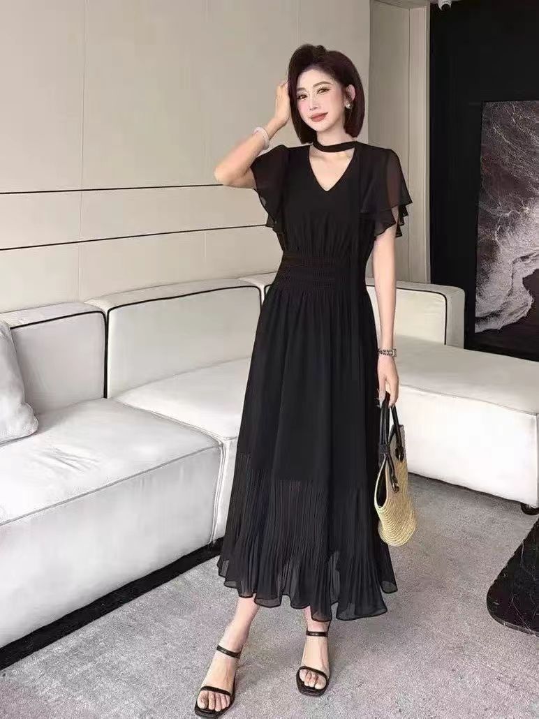 카운터 품질 2026 여름 새로운 프랑스식 빛 요리 한 바람 반팔 여성 드레스 V넥 허리 수축 슬림해 보이는 길다 치마