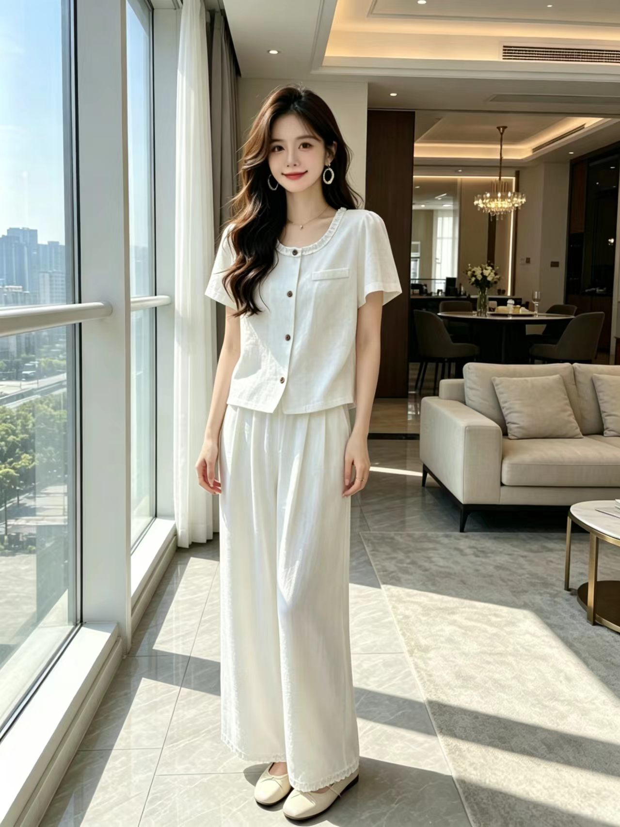 카운터 품질 작은 샤넬 스타일 세트 여성 2026 여름 새로운 패션 외국 가스 라미 맨위 와이드 레그 팬츠 투피스 세트