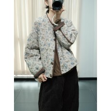 批发素尚秋冬新品棉衣女文艺复古菱格圆领碎花舒适宽松保暖薄棉服<b class='q'>外套</b>