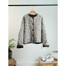 批发2025冬季新款复古文艺圆领气质印花时尚百搭夹棉保暖棉衣<b class='q'>外套</b>女