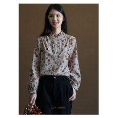 批发2026春<b class='q'>森系</b>复古纯棉印花<b class='q'>衬衫</b>秋装新木耳边文艺长袖<b class='q'>衬衣</b>女上衣