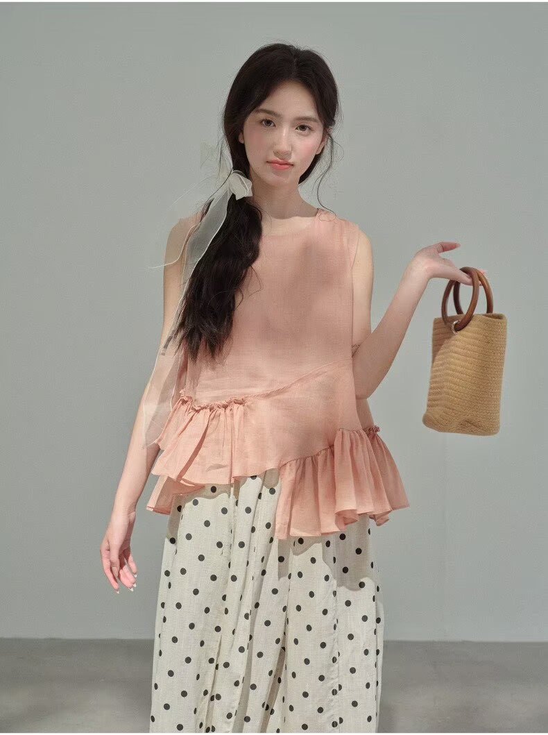 2026 여름 새로운 불규칙 프릴 패치워크 민소매 셔츠 여성 셔츠 여름 통기성