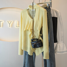 批发法式荷叶边拼接v领<b class='q'>长袖</b>t恤女春季设计感小众飘带收腰显瘦气质上衣