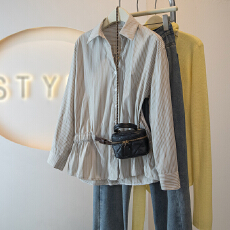 批发法式通勤条纹衬衫<b class='q'>长袖</b>2026春季新款<b class='q'>大码</b>胖mm收腰显瘦遮肚气质上衣