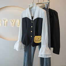 批发法式气质撞色拼接v领<b class='q'>长袖</b>衬衫女早春季收腰设计感小众高级感上衣