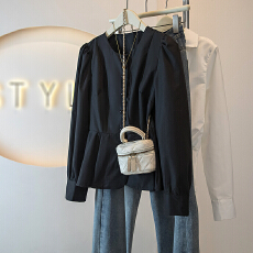 批发2026春季新款黑色泡泡袖衬衫女设计感小众收腰显瘦减龄气质上衣