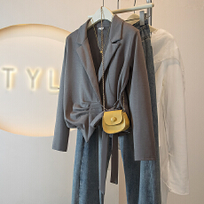 批发韩版翻领<b class='q'>通勤</b>风灰色长袖女装2026年春季新款职场气质系带收腰上衣