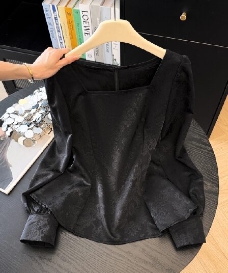 이른 가을 분위기 센스 광장 칼라 허리 수축 맨위 여성 어둠 곡물 자카드 레이스업 거품 소매 연꽃 잎 짧은 셔츠
