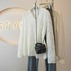 批发长袖<b class='q'>衬衫</b>女2026春季新款韩版宽松翻领提花上衣蕾丝拼接减龄<b class='q'>衬衣</b>潮