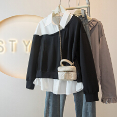 灰色假两件衬衫女2026新款早春大码胖mm显瘦遮肚正肩气质独特上衣