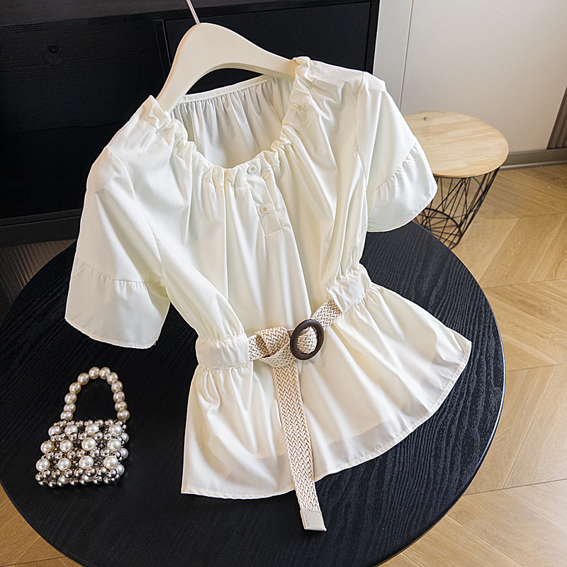 패션 V넥 레이스업 허리 수축 반팔 여성 셔츠 여름 빅 사이즈 통통한 여동생 한국 스타일 디자인 센스 슬림해 보이는 맨위 트렌디