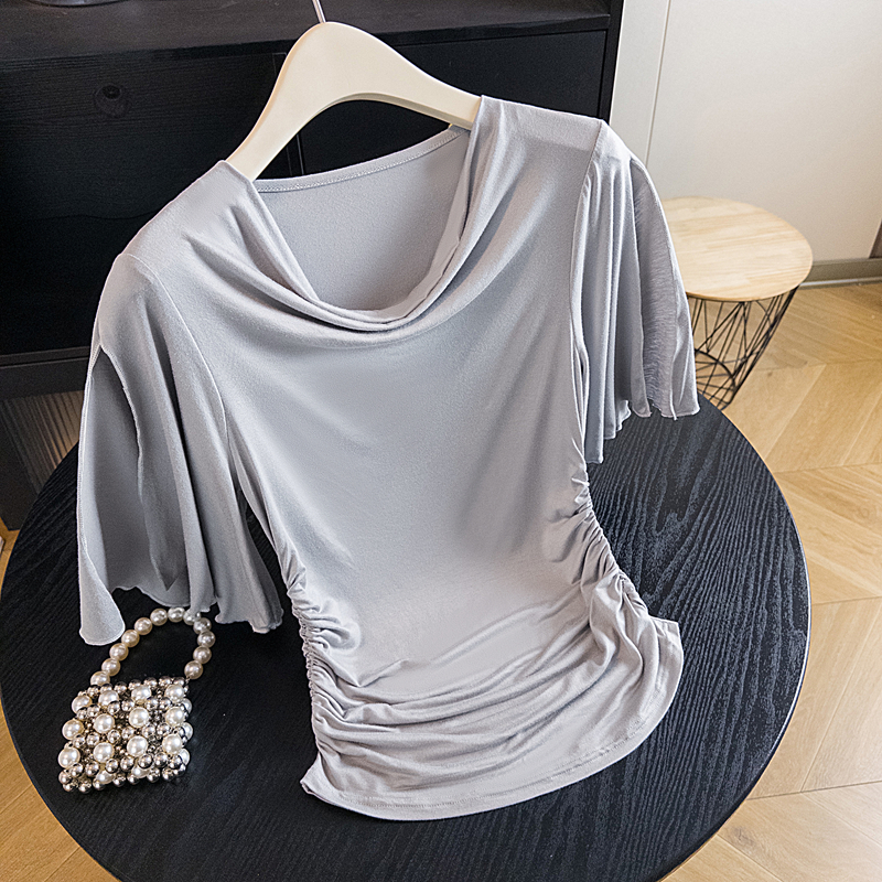 패션 흔들다 칼라 기타 Pleat 물결무늬 반팔 티셔츠 여성 여름 새로운 디자인 센스 작은 대중 몸매 가꾸기 슬림해 보이는 다용도 맨위