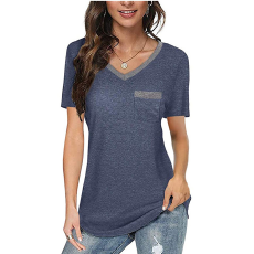 批发跨境女装彩棉吸汗透气针织拼接短袖体恤衫