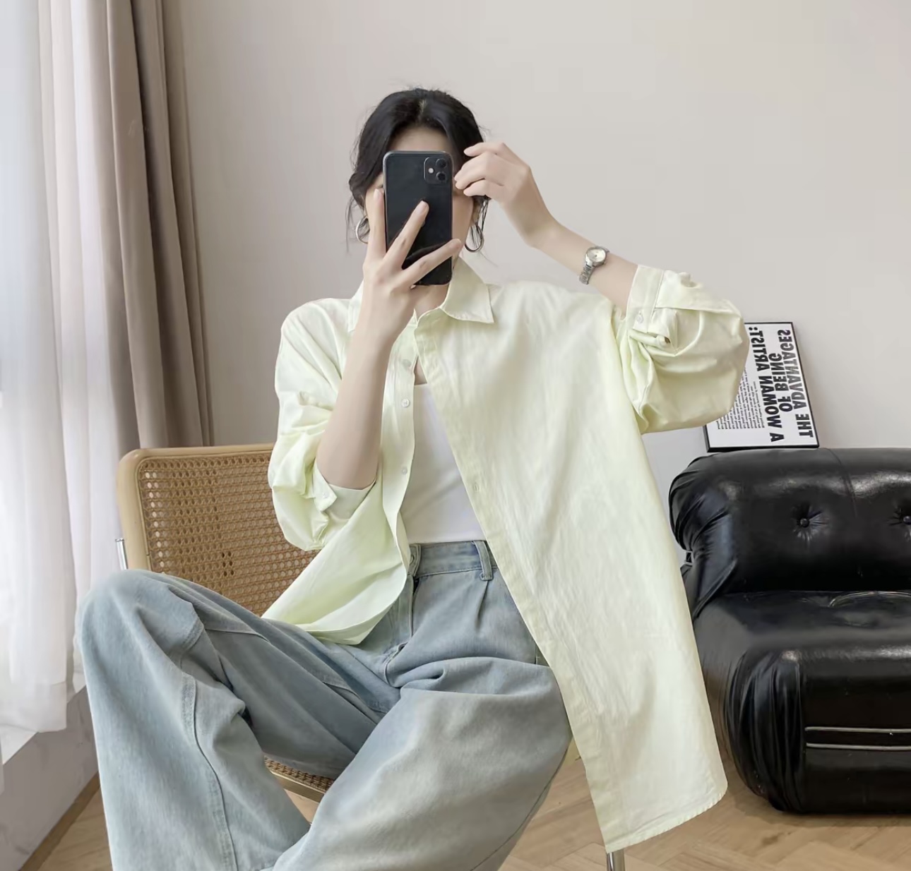 순면 워시 물 면 9부 소매 느긋한 바람 루즈핏 캐주얼 셔츠 맨위