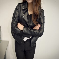 批发黑色PU机车皮衣外套女短款2026秋<b class='q'>冬</b>新款西装领拉链长袖夹克上衣潮