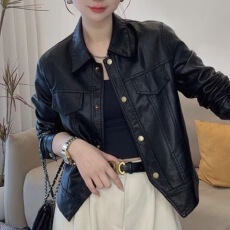 批发2026<b class='q'>春</b>秋季薄款洋气时尚短款翻领PU皮衣女外套夹克纽扣上衣服