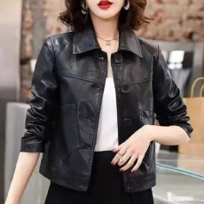 批发春秋新款时尚休闲短款纽扣皮衣外套女装PU皮衣夹克上衣服外套