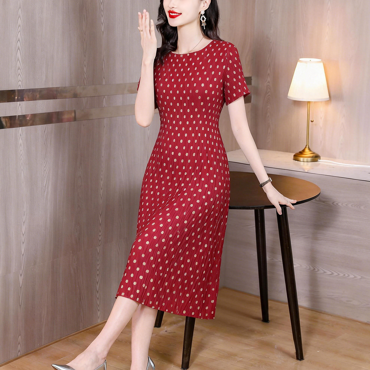 RY2661# 2026新款褶皱大花连衣裙女110中长款三宅风显瘦遮肉裙子