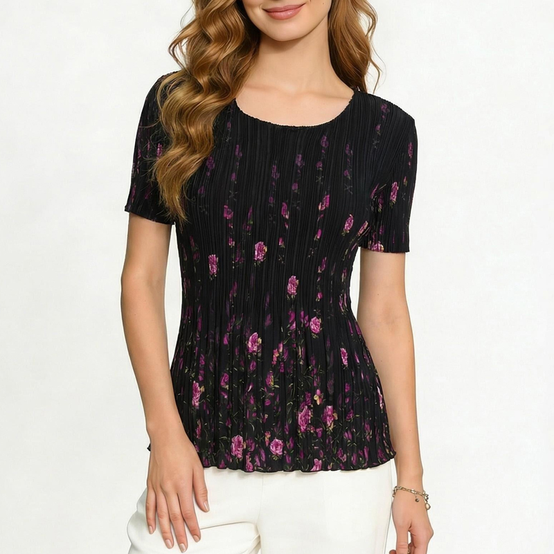 RY1481# 直播间同款 冰丝褶皱短袖女 胖MM显瘦藏肉 外贸碎花T恤上衣