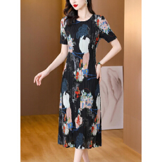 批发<b class='q'>高端</b>褶皱印花女 大码宽松显瘦A字摆 中老年女装气质碎花<b class='q'>连衣裙</b>