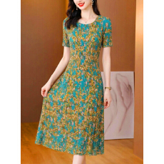 批发三宅风褶皱碎花女 夏季宽松遮肉显瘦 中年<b class='q'>妈妈装</b>圆领连衣裙