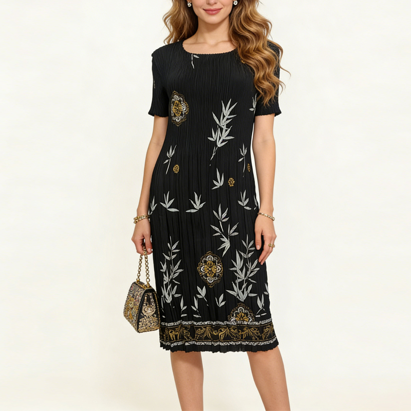 RY3803# 三宅褶皱弹力连衣裙黄紫水墨印花圆领中长款遮肉显瘦妈妈装