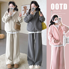 批发实拍 秋冬新款韩版<b class='q'>休闲</b>双面糯米绒加厚连帽拉链孕妇套装两件套