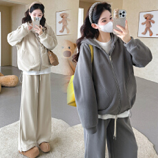 批发实拍 秋冬新款韩版<b class='q'>休闲</b>双面糯米绒加厚连帽拉链孕妇套装两件套