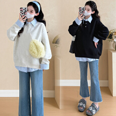 批发实拍现 春季新款韩版休闲假两件拼接翻领卫衣孕妇上衣