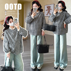 批发实拍 <b class='q'>春</b>季新款韩版圆领格子宽松孕妇上衣