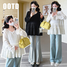 批发实拍 <b class='q'>春</b>季新款蕾丝荷叶边拼接孕妇打底衫上衣